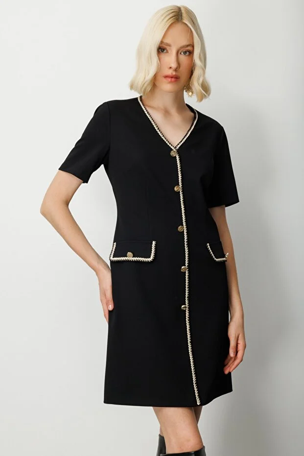 EKOL V Yaka Biyeli Midi Elbise  4021 - Siyah