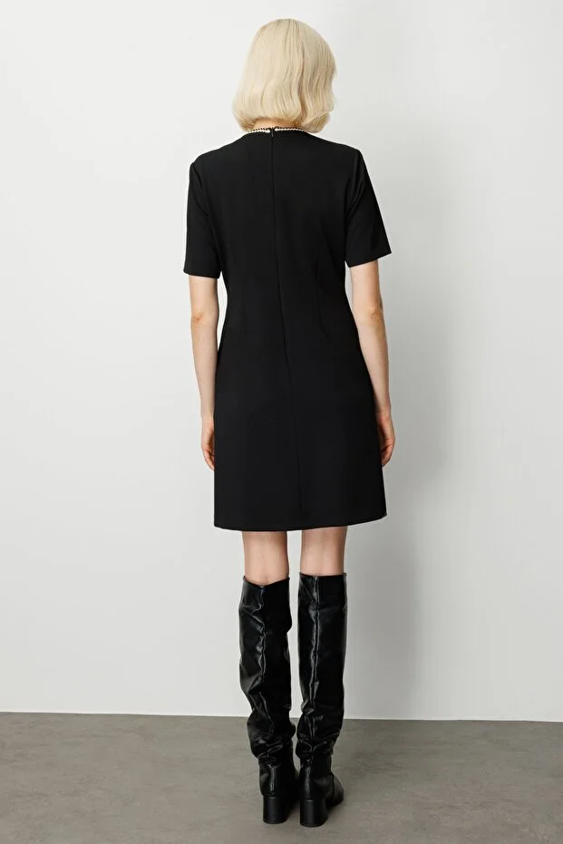 EKOL V Yaka Biyeli Midi Elbise  4021 - Siyah