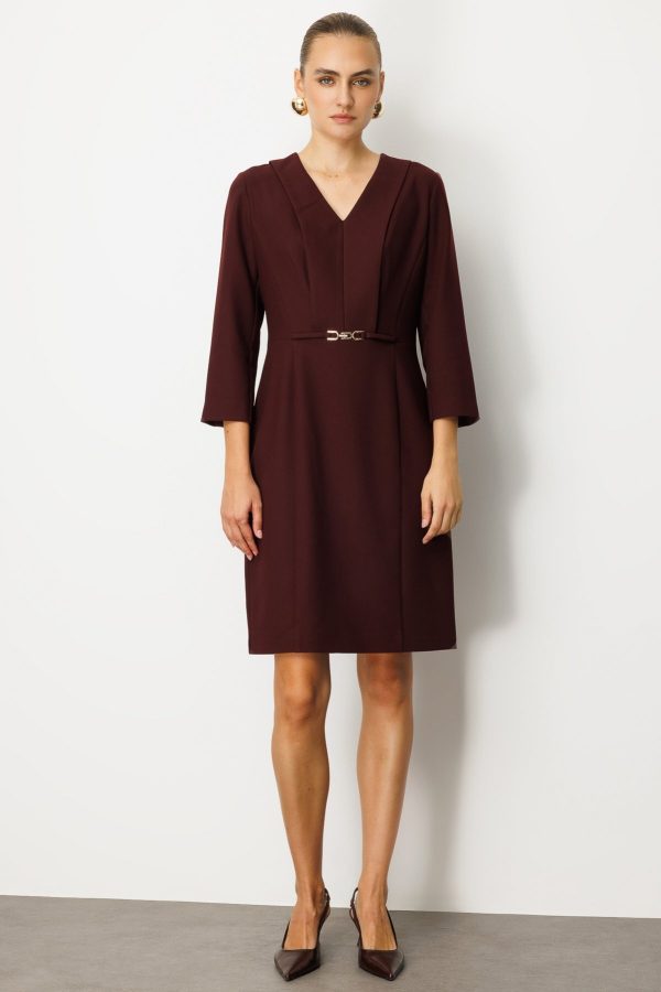 EKOL Beli Metal Aksesuarlı Midi Elbise 4033