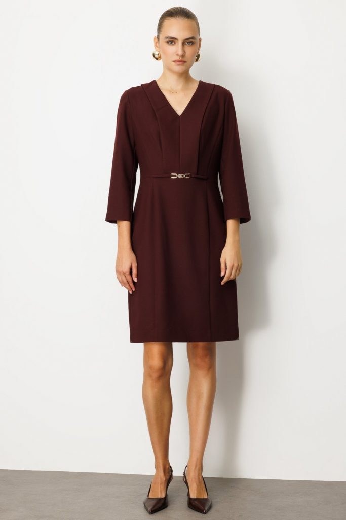 EKOL Beli Metal Aksesuarlı Midi Elbise 4033 - bordo