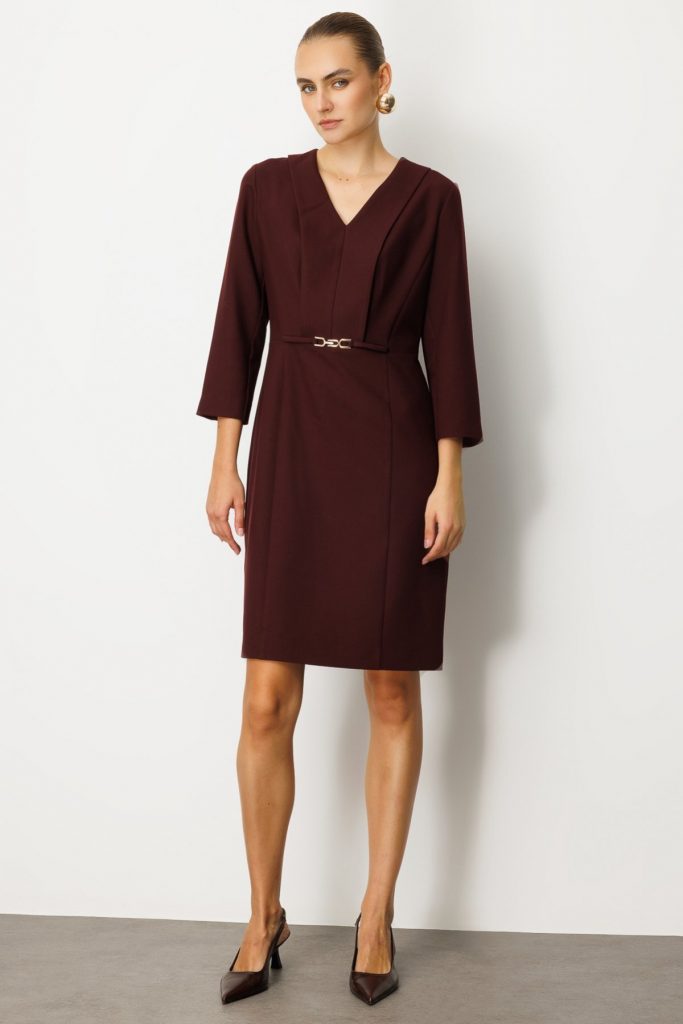 EKOL Beli Metal Aksesuarlı Midi Elbise 4033 - bordo