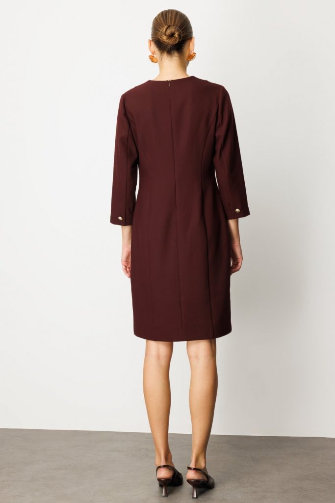 EKOL Beli Metal Aksesuarlı Midi Elbise 4033 - bordo