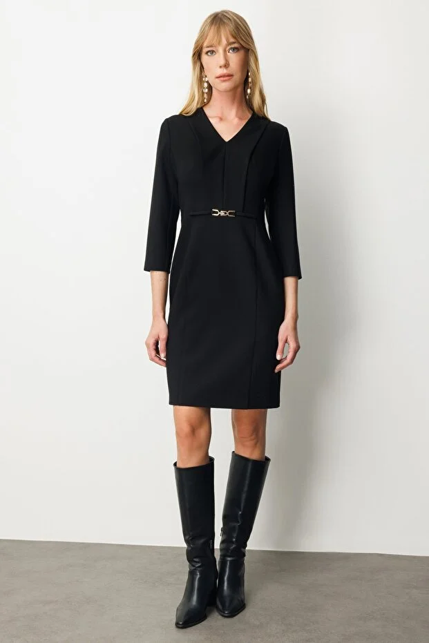 EKOL Beli Metal Aksesuarlı Midi Elbise 4033 - Siyah