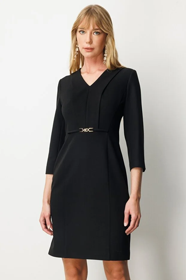 EKOL Beli Metal Aksesuarlı Midi Elbise 4033 - Siyah