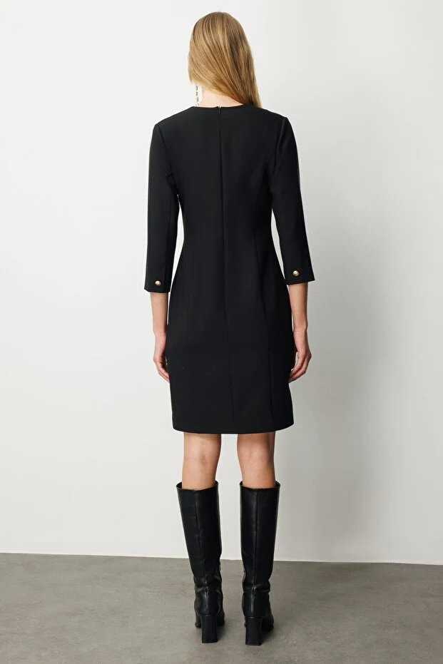 EKOL Beli Metal Aksesuarlı Midi Elbise 4033 - Siyah