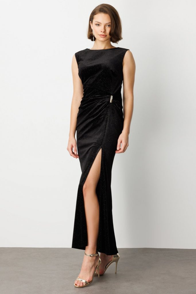 EKOL Beli Büzgülü Simli Kolsuz Elbise 4043 - Siyah