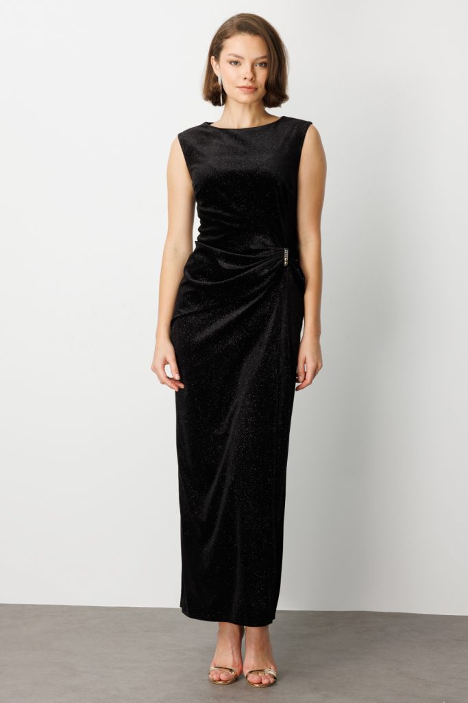 EKOL Beli Büzgülü Simli Kolsuz Elbise 4043 - Siyah