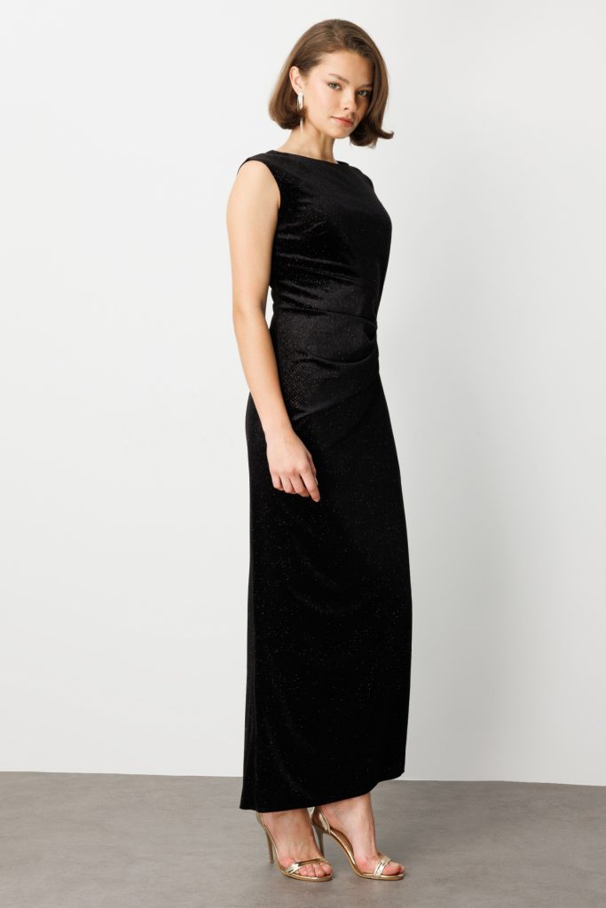 EKOL Beli Büzgülü Simli Kolsuz Elbise 4043 - Siyah