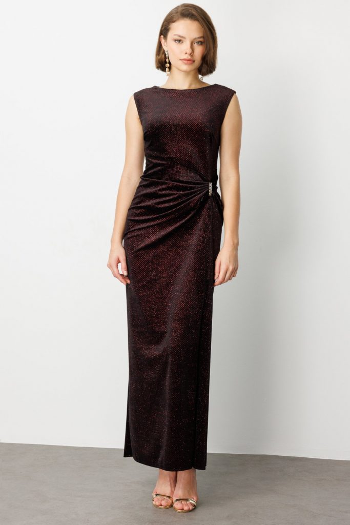 EKOL Beli Büzgülü Simli Kolsuz Elbise 4043 - bordo