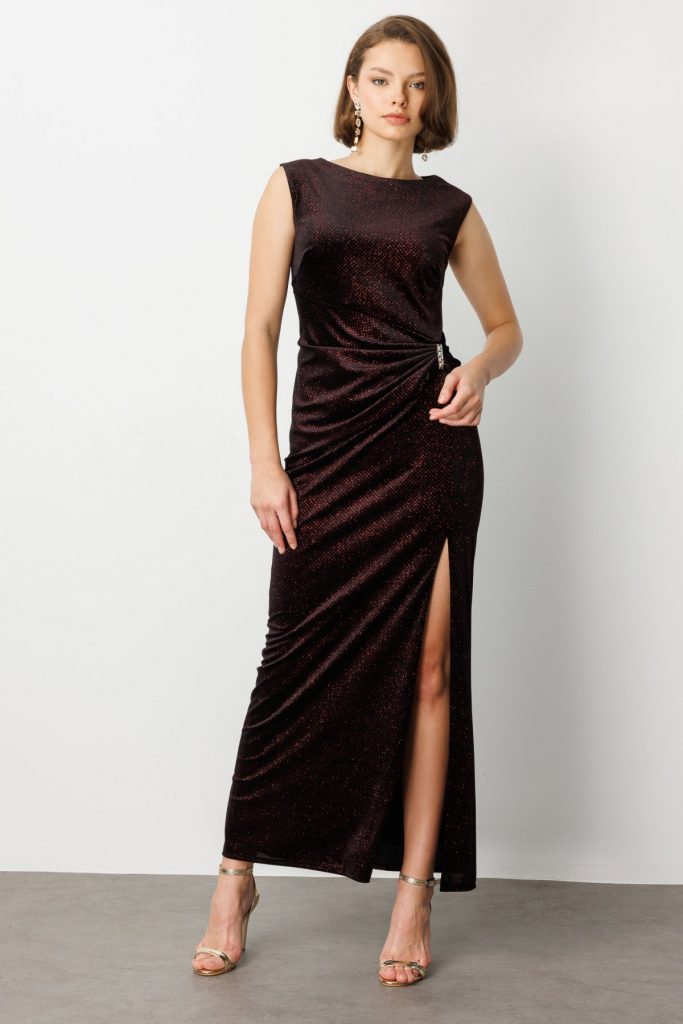 EKOL Beli Büzgülü Simli Kolsuz Elbise 4043 - bordo