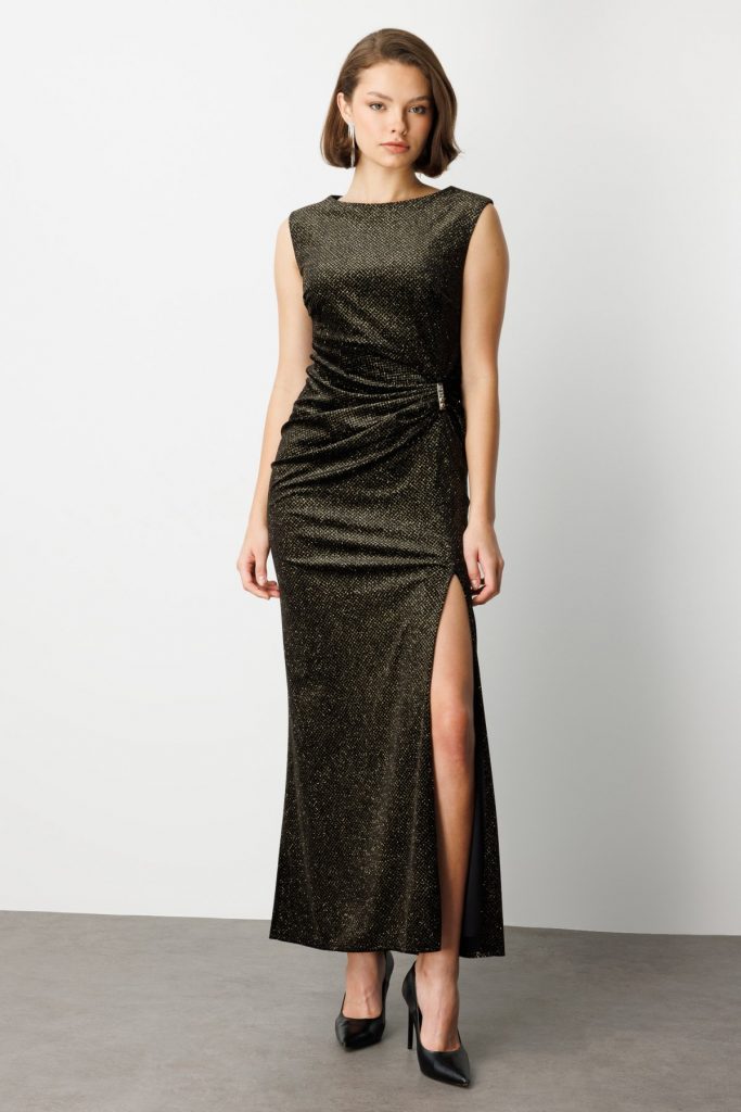 EKOL Beli Büzgülü Simli Kolsuz Elbise 4043 - gold