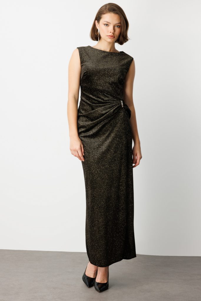 EKOL Beli Büzgülü Simli Kolsuz Elbise 4043 - gold