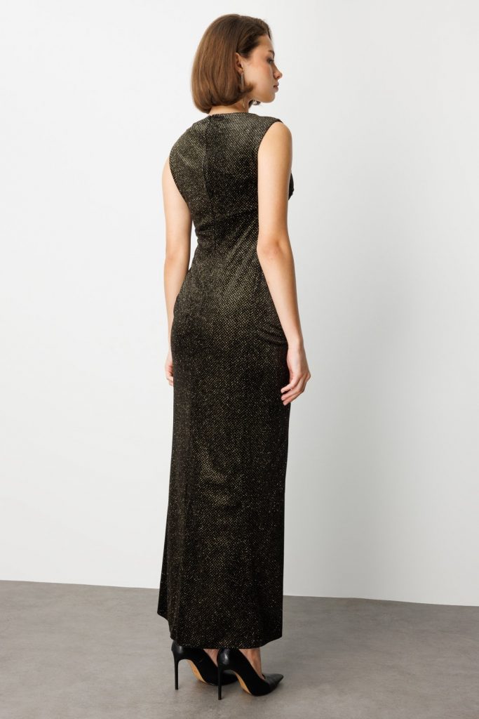 EKOL Beli Büzgülü Simli Kolsuz Elbise 4043 - gold