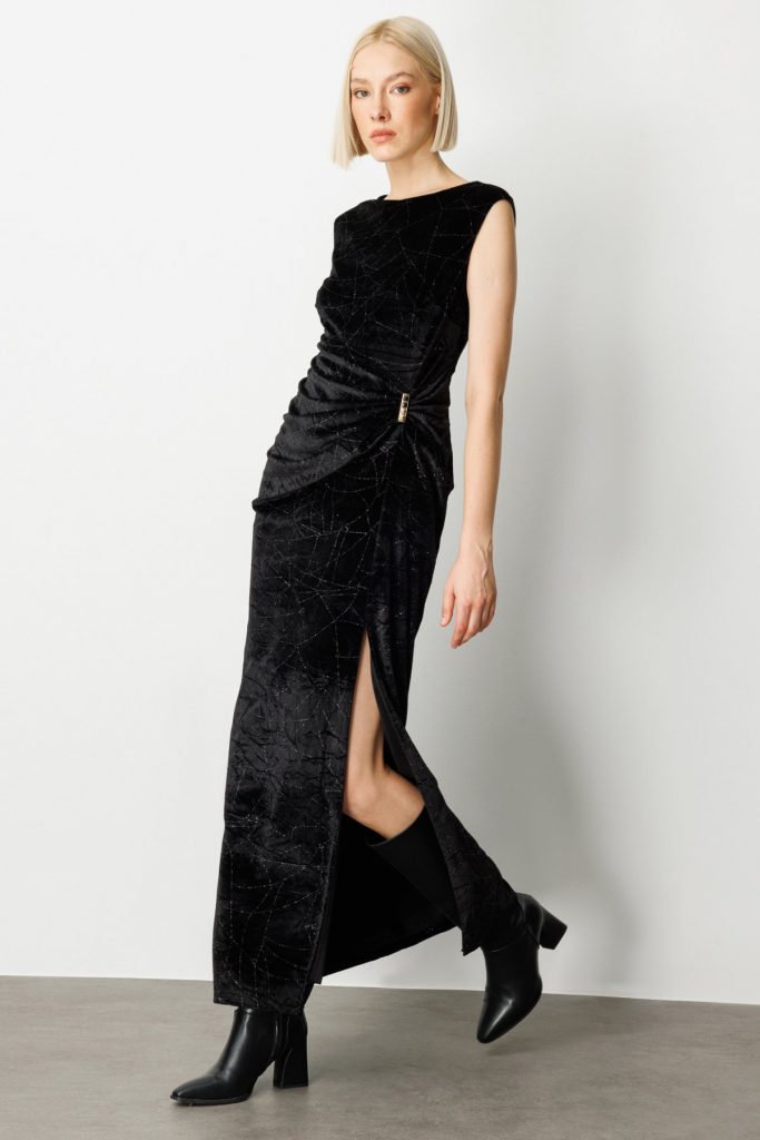 EKOL Metal Aksesuarlı Simli Kadife Elbise 4085 - Siyah