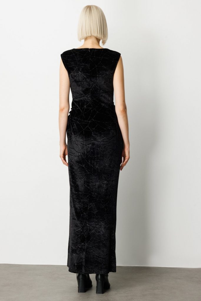 EKOL Metal Aksesuarlı Simli Kadife Elbise 4085 - Siyah