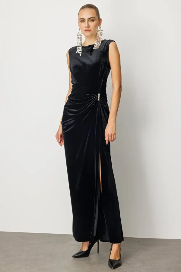 EKOL Beli Büzgülü Maxi Kadife Elbise 4141