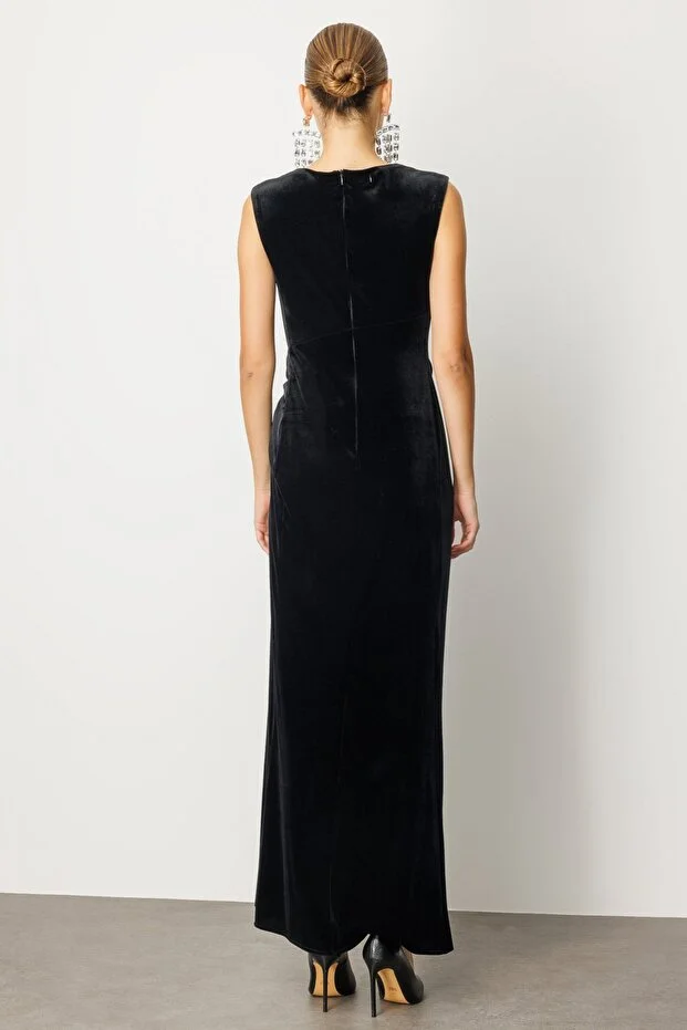 EKOL Beli Büzgülü Maxi Kadife Elbise 4141 - Siyah