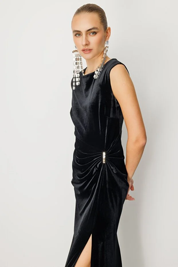 EKOL Beli Büzgülü Maxi Kadife Elbise 4141 - Siyah