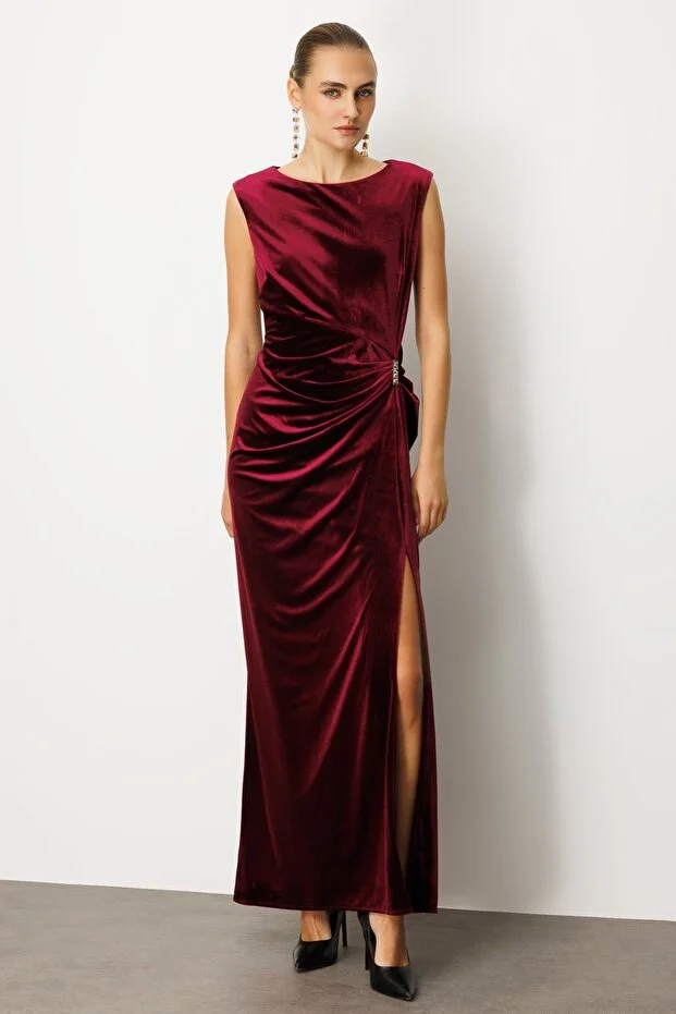 EKOL Beli Büzgülü Maxi Kadife Elbise 4141 - bordo