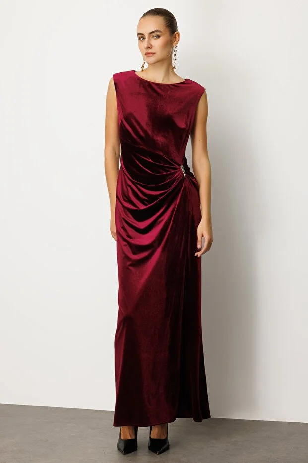 EKOL Beli Büzgülü Maxi Kadife Elbise 4141 - bordo