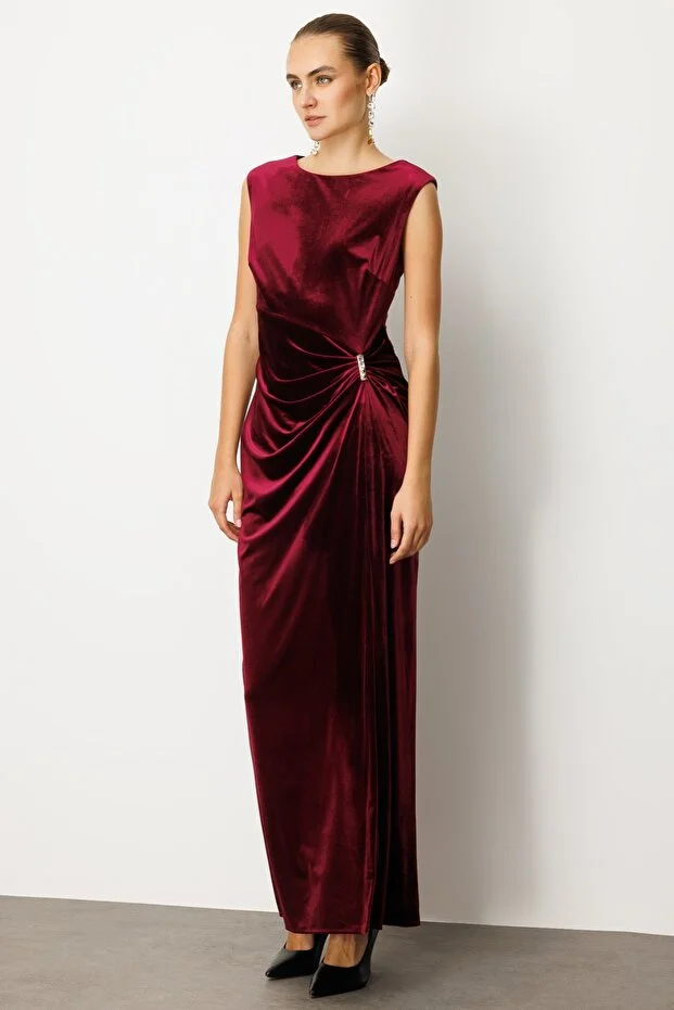 EKOL Beli Büzgülü Maxi Kadife Elbise 4141 - bordo