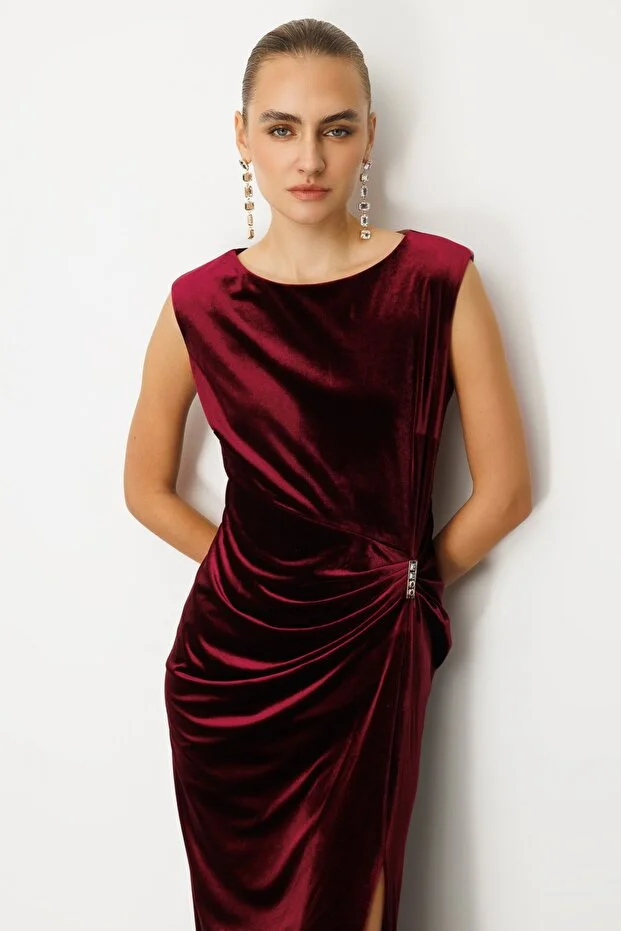 EKOL Beli Büzgülü Maxi Kadife Elbise 4141 - bordo