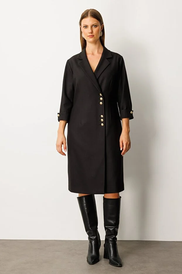 EKOL Kruvaze Yaka Midi Elbise 4509 - Siyah