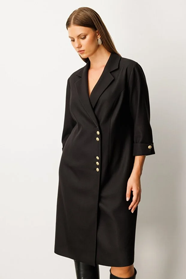 EKOL Kruvaze Yaka Midi Elbise 4509 - Siyah