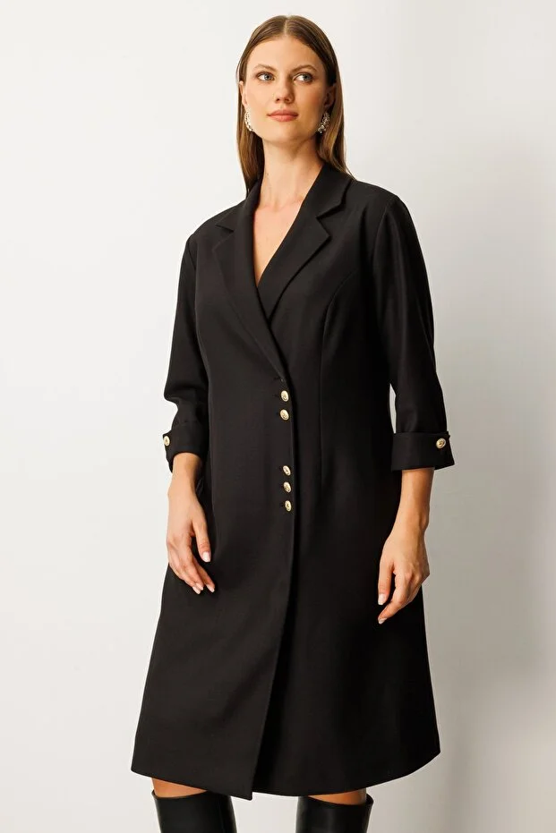 EKOL Kruvaze Yaka Midi Elbise 4509 - Siyah