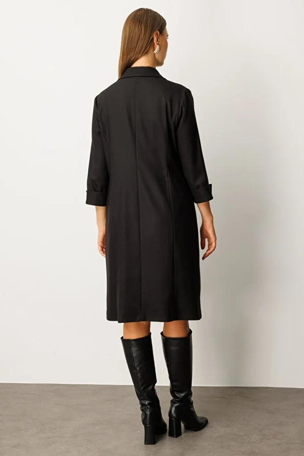 EKOL Kruvaze Yaka Midi Elbise 4509 - Siyah