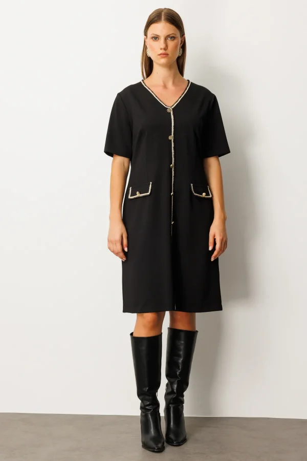 EKOL Biyeli Süs Kapak Cepli Elbise 4521