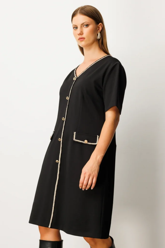 EKOL Biyeli Süs Kapak Cepli Elbise 4521 - Siyah