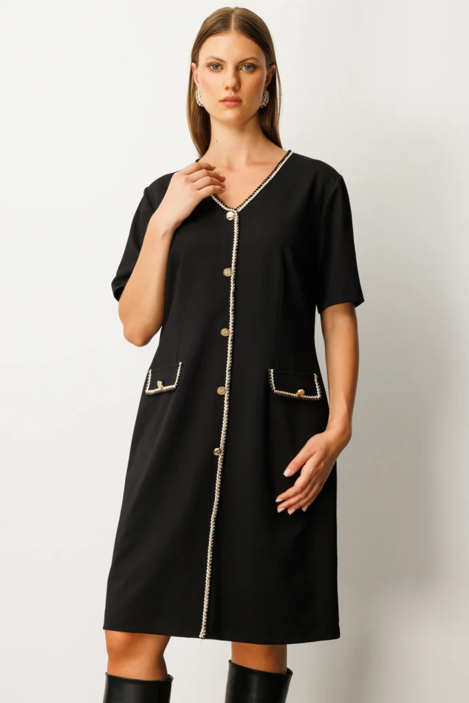 EKOL Biyeli Süs Kapak Cepli Elbise 4521 - Siyah