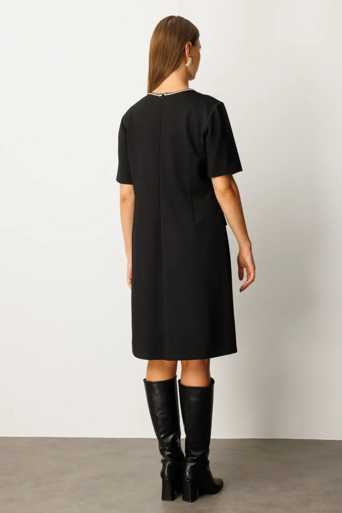 EKOL Biyeli Süs Kapak Cepli Elbise 4521 - Siyah