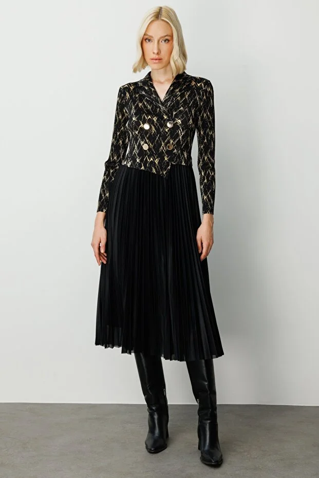 EKOL Eteği Piliseli Düğme Detaylı Elbise 4911 - Siyah