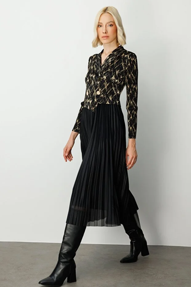 EKOL Eteği Piliseli Düğme Detaylı Elbise 4911 - Siyah