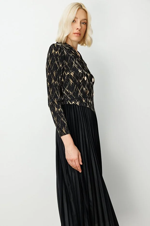 EKOL Eteği Piliseli Düğme Detaylı Elbise 4911 - Siyah