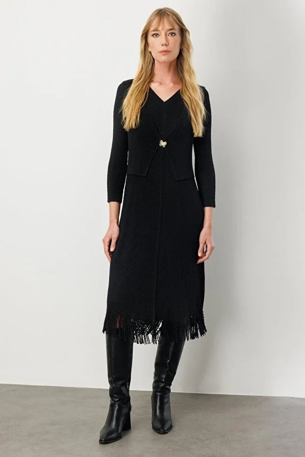 EKOL Kelebek Broşlu Püsküllü Elbise 4919 - Siyah