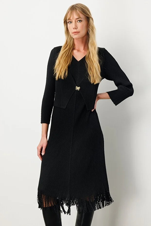 EKOL Kelebek Broşlu Püsküllü Elbise 4919 - Siyah