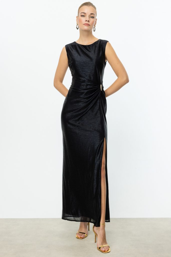 EKOL Parlak Kumaş Maxi Boy Abiye Elbise 5092