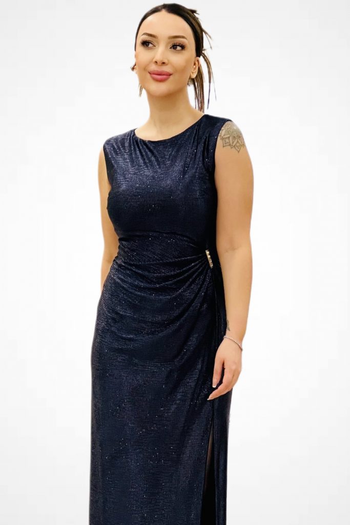 EKOL Parlak Kumaş Maxi Boy Abiye Elbise 5092 - Lacivert