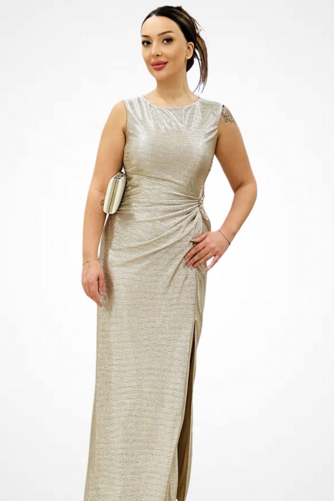 EKOL Parlak Kumaş Maxi Boy Abiye Elbise 5092 - gold