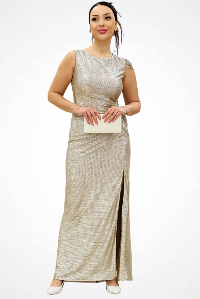 EKOL Parlak Kumaş Maxi Boy Abiye Elbise 5092 - gold