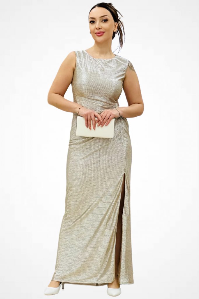 EKOL Parlak Kumaş Maxi Boy Abiye Elbise 5092 - gold