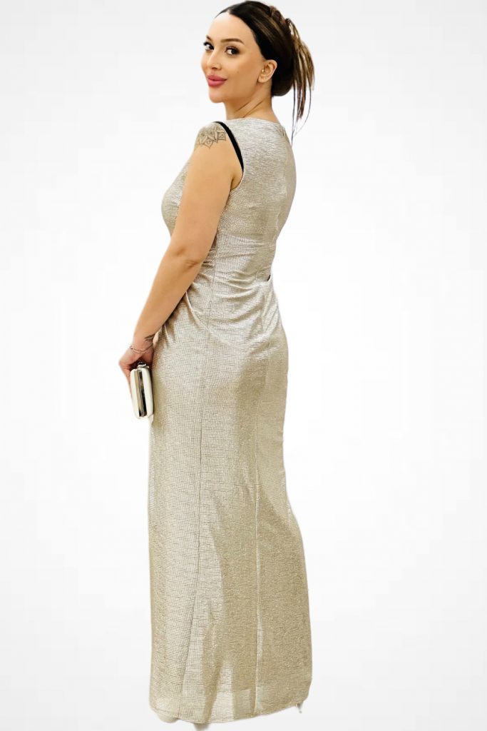 EKOL Parlak Kumaş Maxi Boy Abiye Elbise 5092 - gold