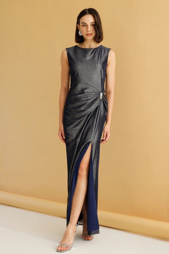 EKOL Parlak Kumaş Maxi Boy Abiye Elbise 5092 - gumus