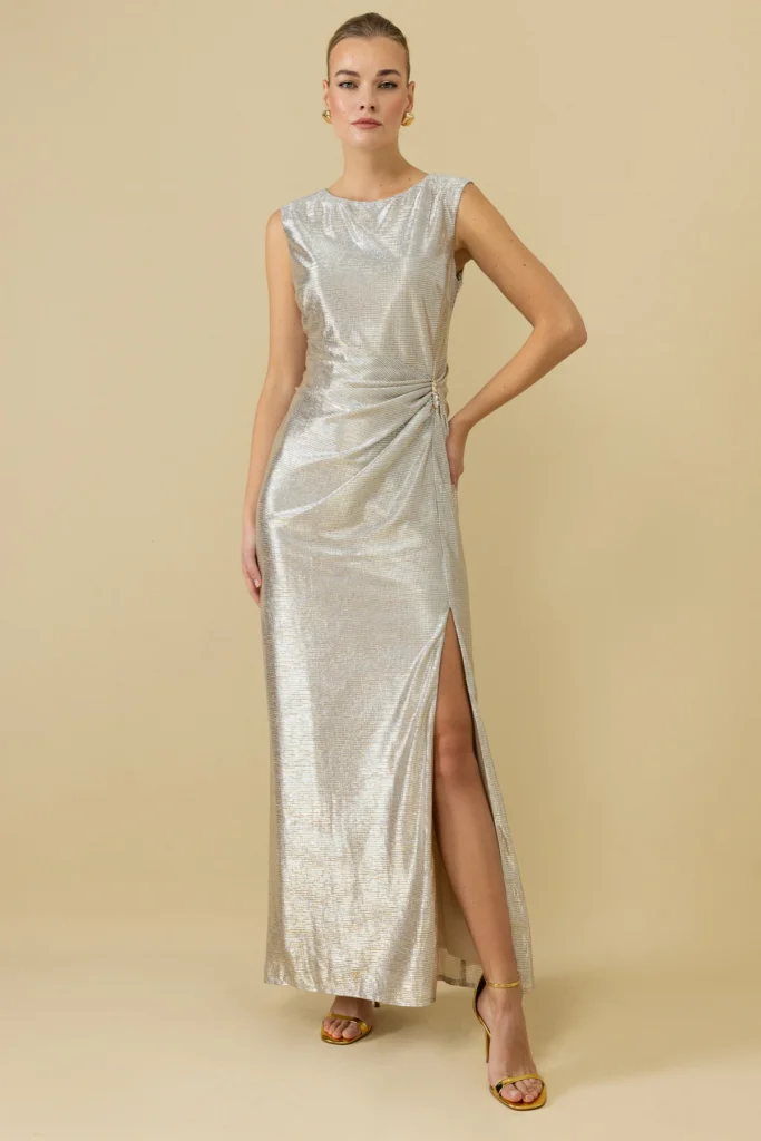 EKOL Parlak Kumaş Maxi Boy Abiye Elbise 5092 - gold