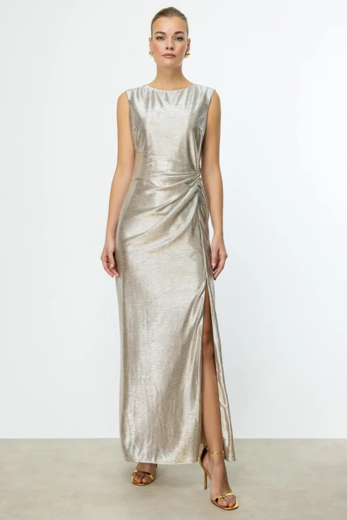 EKOL Parlak Kumaş Maxi Boy Abiye Elbise 5092