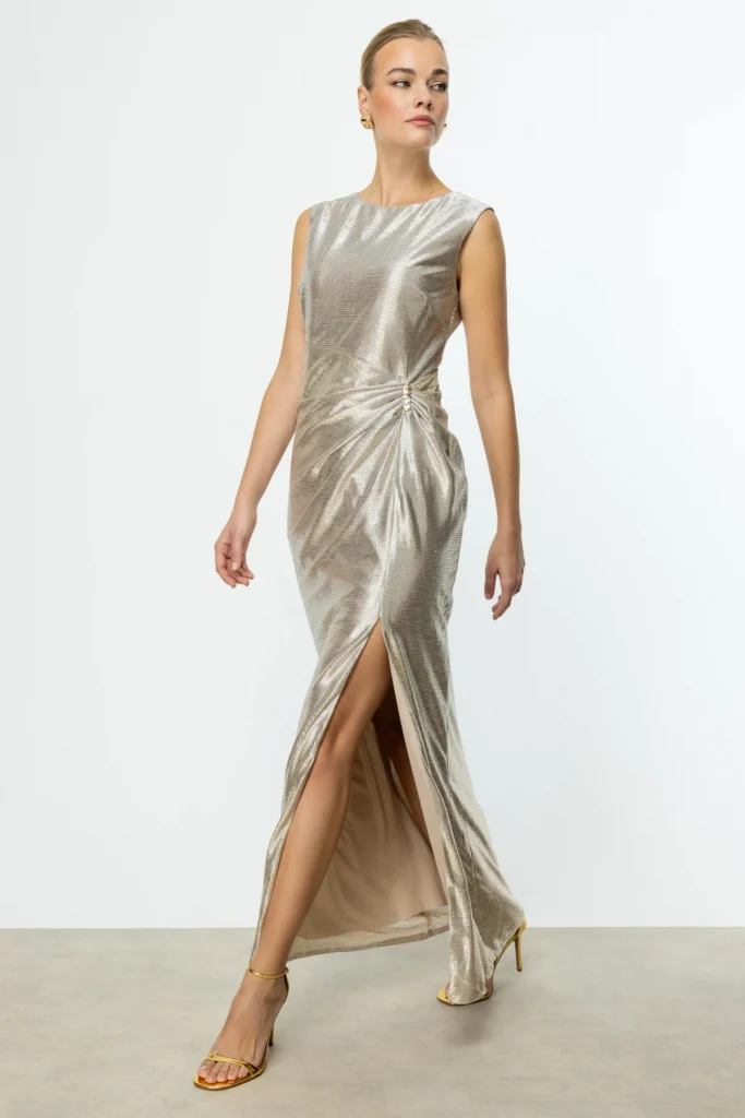 EKOL Parlak Kumaş Maxi Boy Abiye Elbise 5092