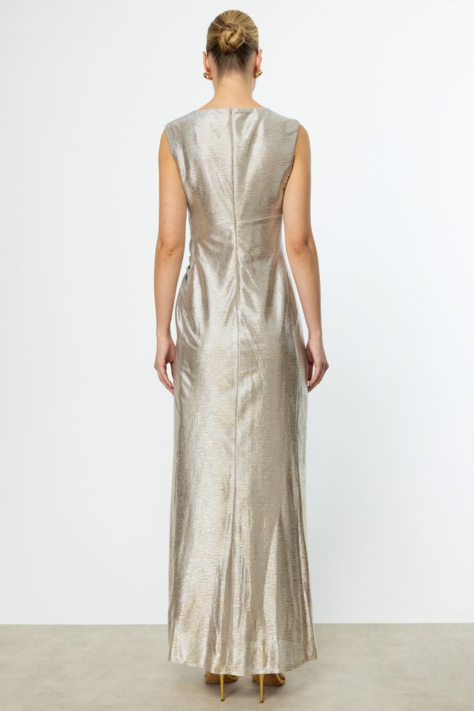 EKOL Parlak Kumaş Maxi Boy Abiye Elbise 5092 - gold